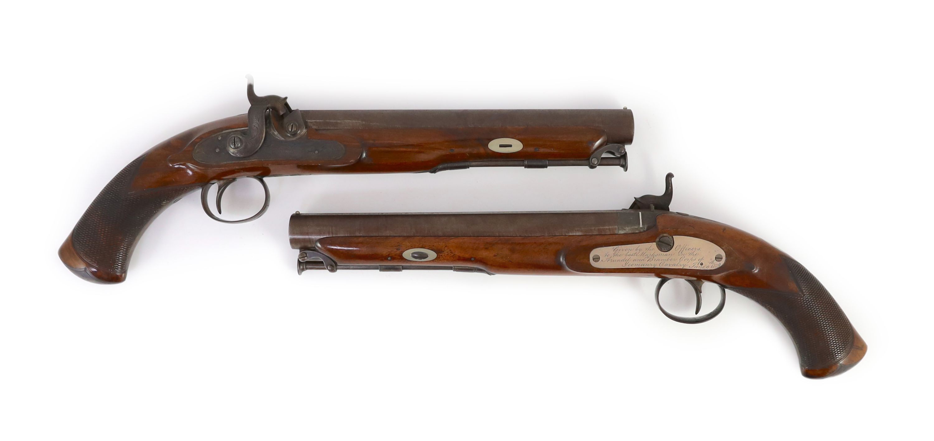 A good cased pair of percussion pistols, by E & W Bond, London, with Arundel and Bramber Corps of Yeomanry Cavalry presentation inscription dated 1839, Pistol length 38cm, hammers damaged